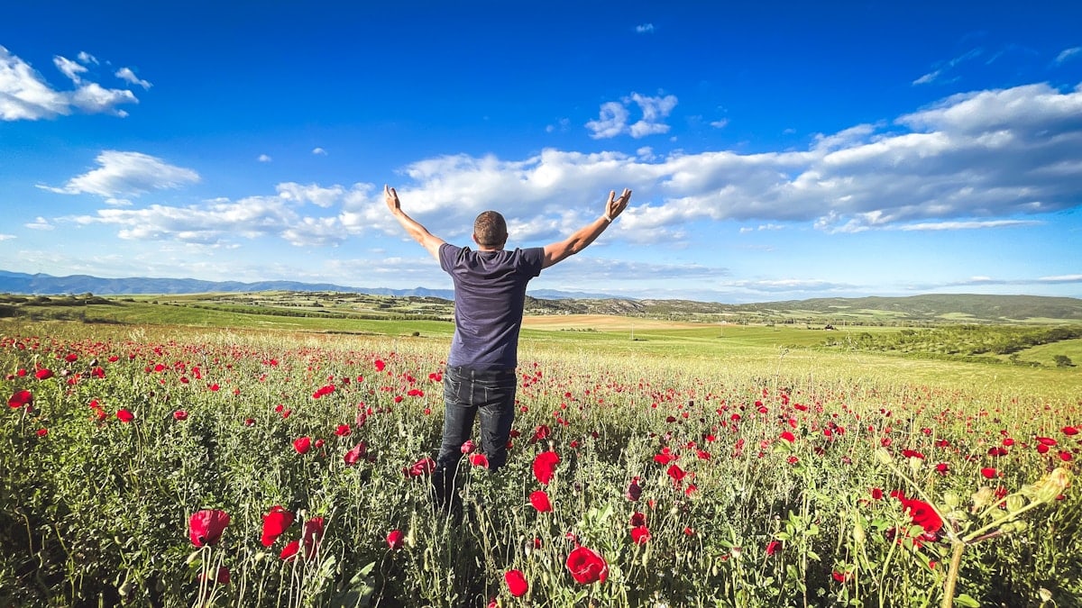 Man with outstretched arms in a vibrant red poppy field.